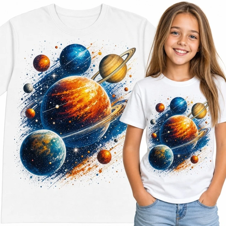Koszulka dziewczęca z planetami - kolorowy nadruk kosmiczny