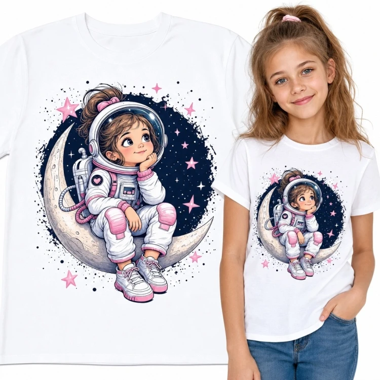 Koszulka dziewczęca z astronautką na księżycu - kosmiczny motyw