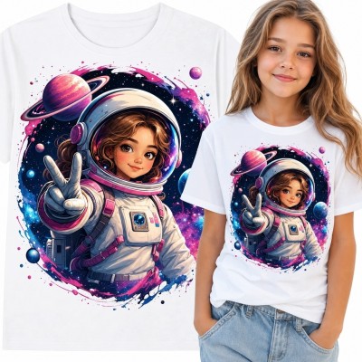 Koszulka dziewczęca z astronautką - kolorowy kosmos i planety