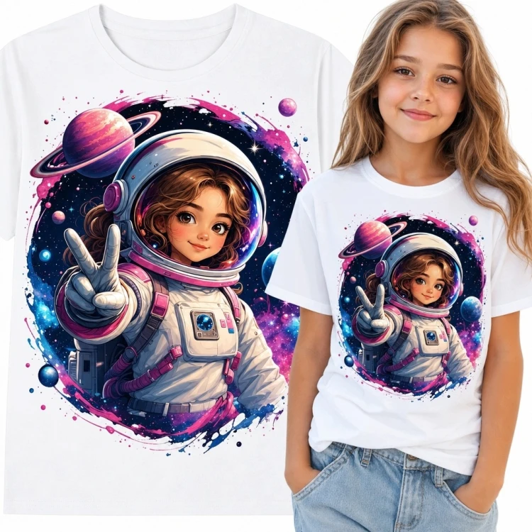 Koszulka dziewczęca z astronautką - kolorowy kosmos i planety