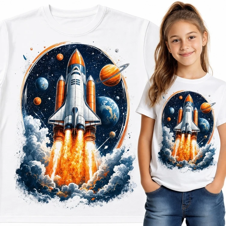 Koszulka dziewczęca z wahadłowcem i planetami - kosmiczny start