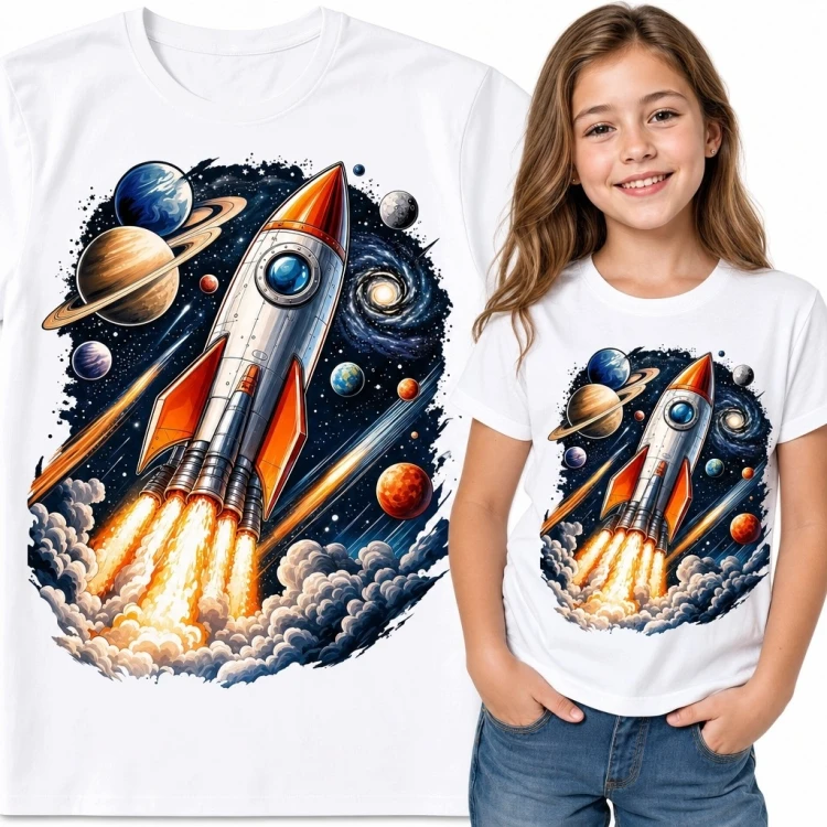 Koszulka dziewczęca z rakietą i planetami - kosmiczny start