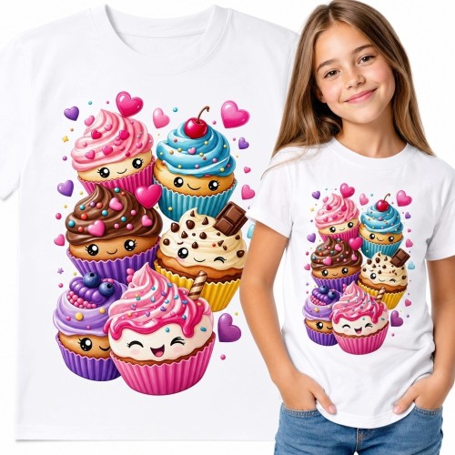 Koszulka dziewczęca z kolorowymi babeczkami kawaii i sercami