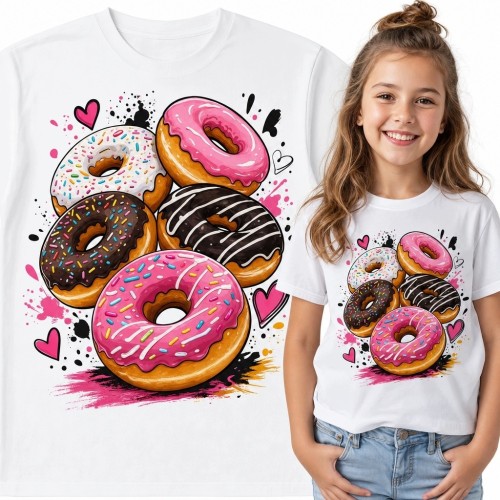Koszulka dziewczęca z kolorowymi donutami - słodki, pop-artowy wzór
