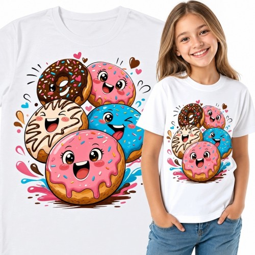 Koszulka dziewczęca z donutami kawaii - kolorowy motyw słodyczy