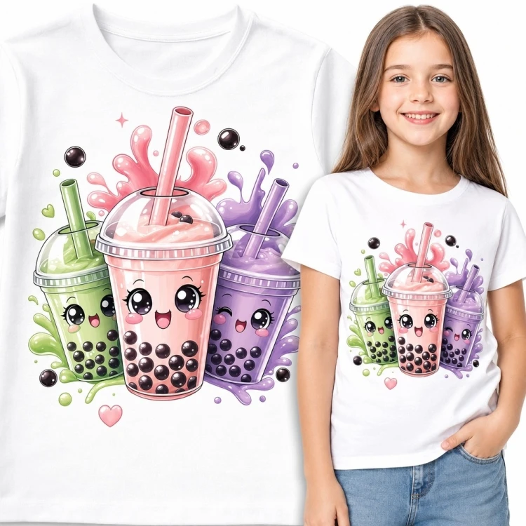 Koszulka dziewczęca z trzema kubkami bubble tea - pastelowy motyw kawaii