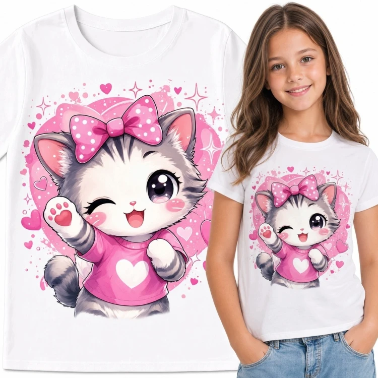 Koszulka dziewczęca z uroczym kotkiem - różowy motyw kawaii