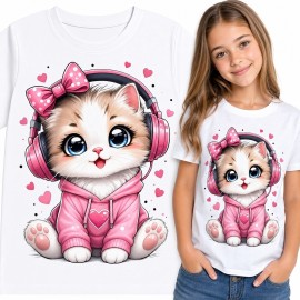 Koszulka dziewczęca z kotkiem w słuchawkach - różowy motyw kawaii