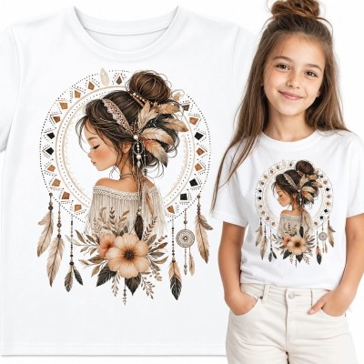 Koszulka dziewczęca z portretem boho - kwiaty i pióra