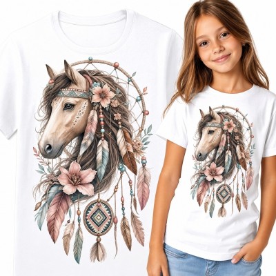 Koszulka dziewczęca z portretem konia i kwiatami boho - motyw jeździecki