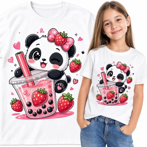 Koszulka dziewczęca z pandą i truskawkowym bubble tea - motyw kawaii