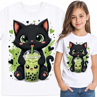 Koszulka dziewczęca z czarnym kotkiem pijącym bubble tea - kawaii