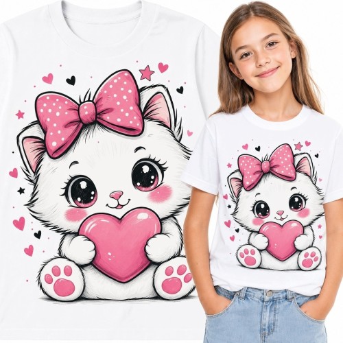 Koszulka dziewczęca z kotkiem kawaii i różowym sercem - słodki koci motyw