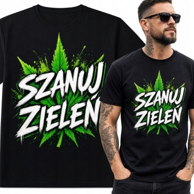 Koszulka męska z liśćmi konopi „Szanuj zieleń” - streetwearowy nadruk