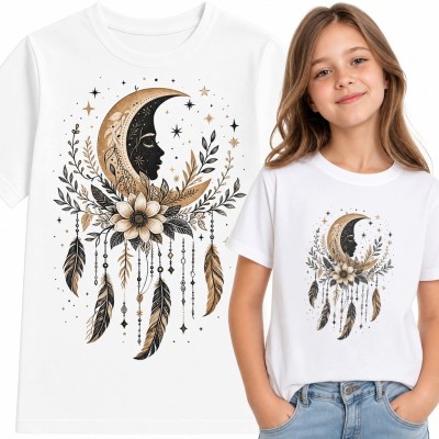 Koszulka dziewczęca z księżycem i kwiatami - motyw boho