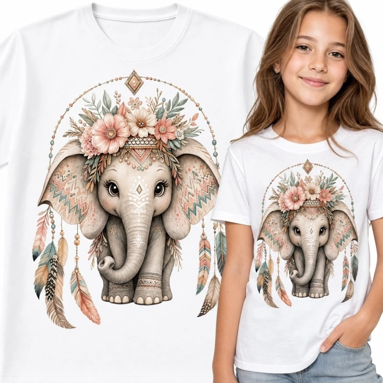 Koszulka dziewczęca ze słoniątkiem w kwiatowym wianku - pastelowy motyw boho