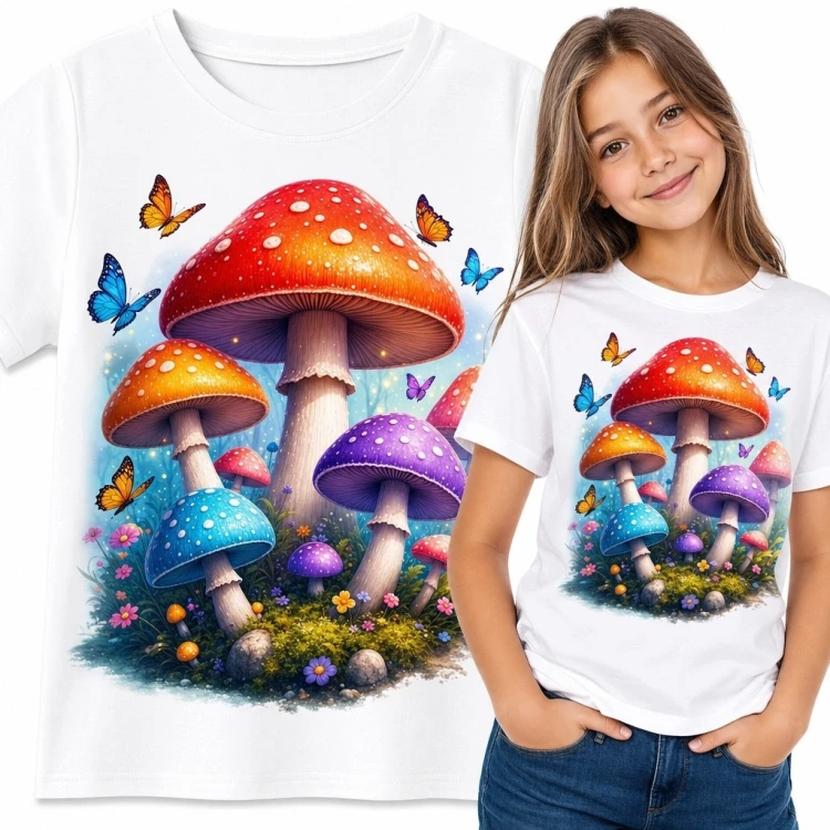 Koszulka dziewczęca z baśniową polaną, kolorowymi grzybami i motylami - magiczny las