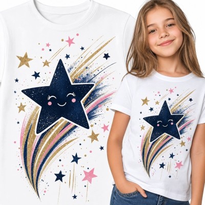 Koszulka dziewczęca ze spadającą gwiazdą kawaii - kolorowy motyw kosmiczny