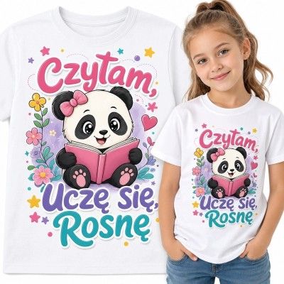 Koszulka dziewczęca z pandą „Czytam, uczę się, rosnę” - motyw czytania