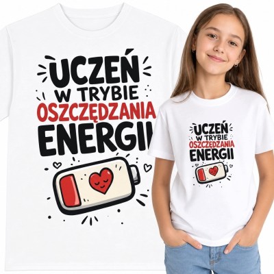 Koszulka dziewczęca z baterią „Uczeń w trybie oszczędzania energii” - szkolny humor