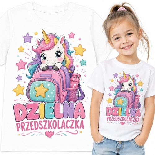 Koszulka dziewczęca z jednorożcem „Dzielna przedszkolaczka” - pastelowy wzór kawaii