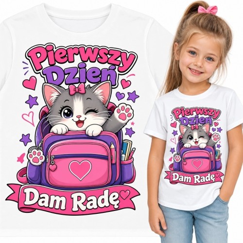 Koszulka dziewczęca na pierwszy dzień szkoły z kotkiem „Pierwszy dzień - dam radę”