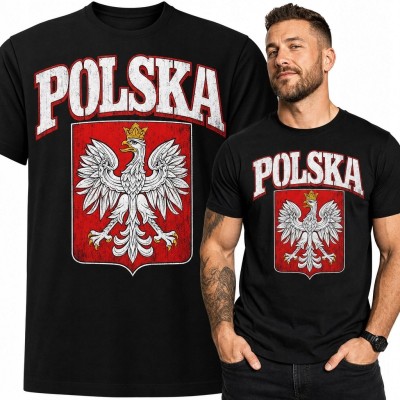 Koszulka męska z Białym Orłem i napisem „POLSKA” - czerwona tarcza herbowa