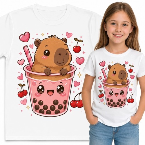 Koszulka dziewczęca z kapibarą w kubku bubble tea - pastelowy wzór kawaii