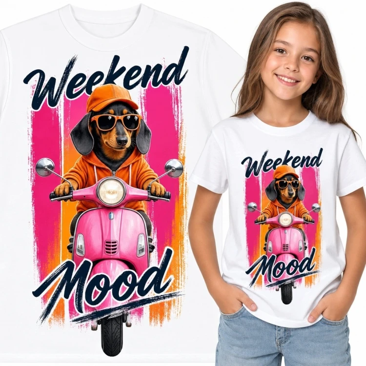 Koszulka dziewczęca z jamnikiem na różowym skuterze - „Weekend Mood”