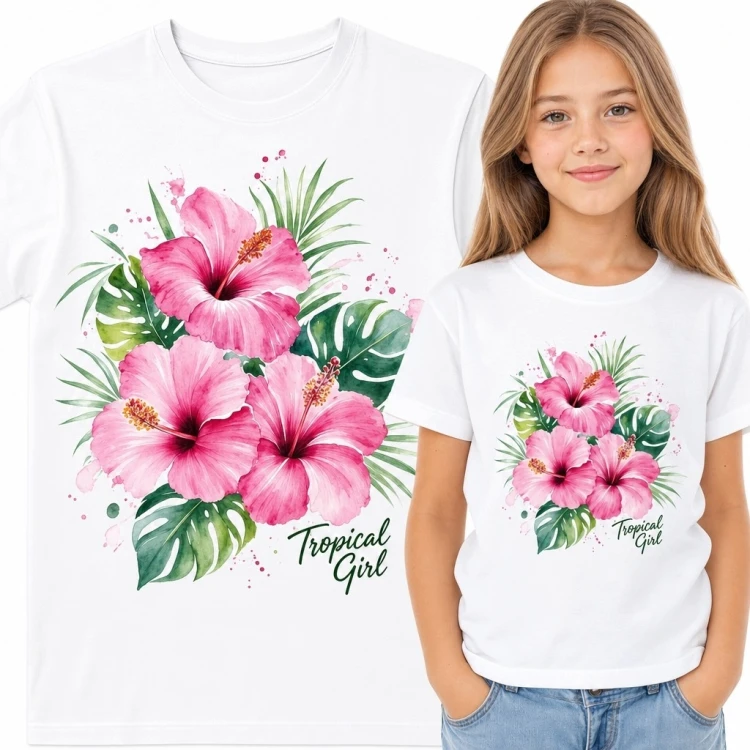 Koszulka dziewczęca z hibiskusami i liśćmi monstery - tropikalna akwarela