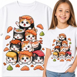 Koszulka dziewczęca z piramidą kotów sushi - wzór kawaii