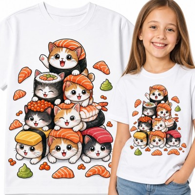 Koszulka dziewczęca z piramidą kotów sushi - wzór kawaii