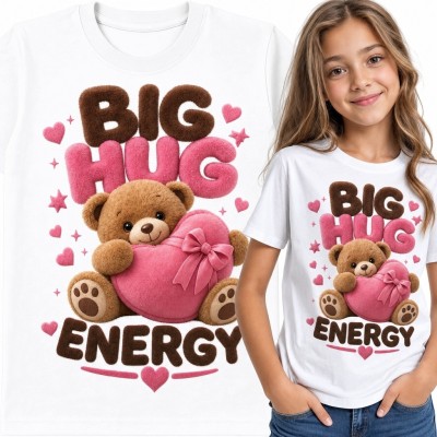 Koszulka dziewczęca z misiem tulącym serce „Big Hug Energy” - uroczy nadruk