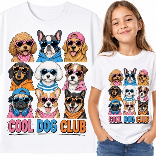 Koszulka dziewczęca z psami „Cool Dog Club” - kolorowy motyw