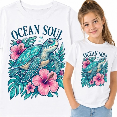 Koszulka dziewczęca z żółwiem morskim i hibiskusami „Ocean Soul” - tropikalny wzór