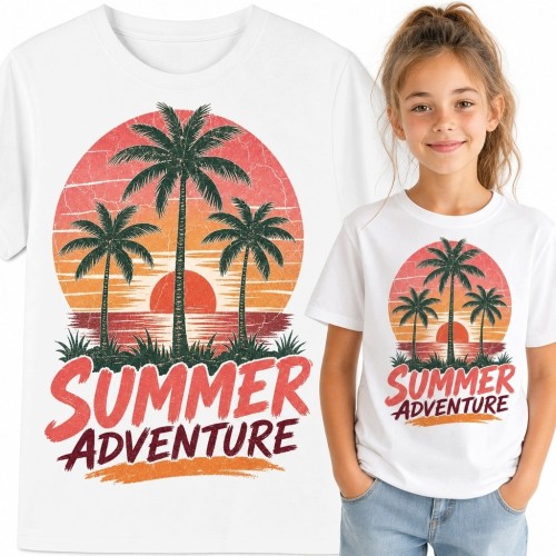Koszulka dziewczęca z palmami „Summer Adventure” - tropikalny zachód słońca