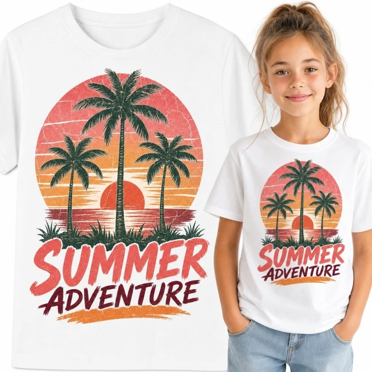 Koszulka dziewczęca z palmami „Summer Adventure” - tropikalny zachód słońca