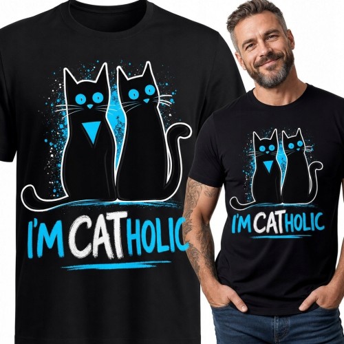 Koszulka męska z dwoma kotami „I'm Catholic” - kocia gra słów