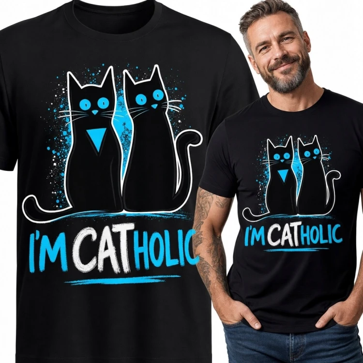Koszulka męska z dwoma kotami „I'm Catholic” - kocia gra słów