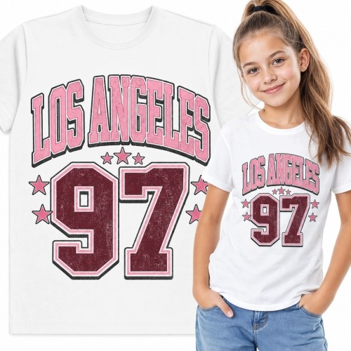 Koszulka dziewczęca z emblematem varsity „Los Angeles 97” - sportowy styl retro