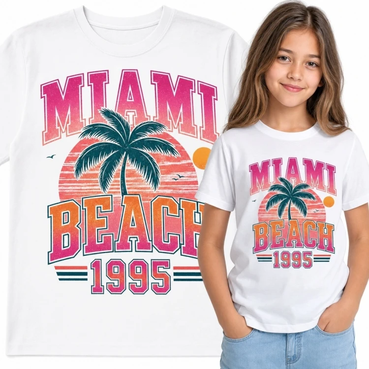 Koszulka dziewczęca „Miami Beach 1995” - retro palmy i zachód słońca