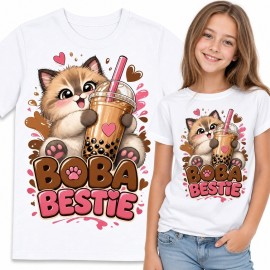 Koszulka dziewczęca z kotkiem i bubble tea „Boba Bestie” - kawaii
