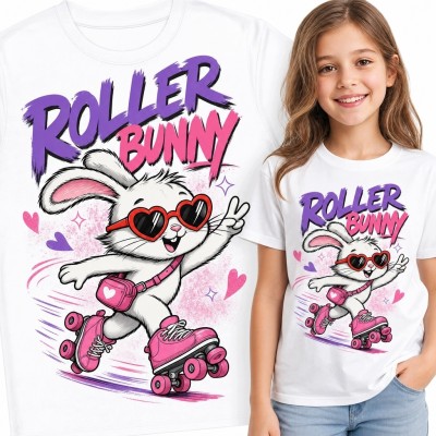 Koszulka dziewczęca „Roller Bunny” - królik na różowych wrotkach