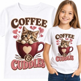 Koszulka dziewczęca z kotkiem w kubku „Coffee &amp; Cuddles” - kawowy motyw retro