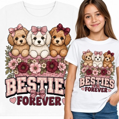 Koszulka dziewczęca ze szczeniakami i napisem „Besties Forever” - kwiatowy motyw przyjaźni