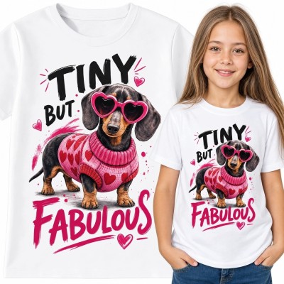Koszulka dziewczęca z jamnikiem i napisem „Tiny but fabulous” - różowe serca