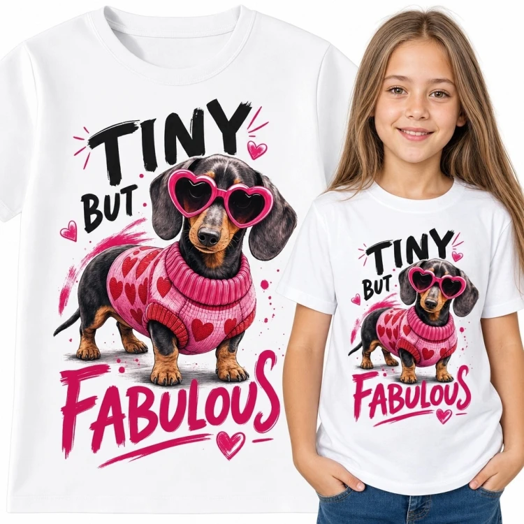 Koszulka dziewczęca z jamnikiem i napisem „Tiny but fabulous” - różowe serca