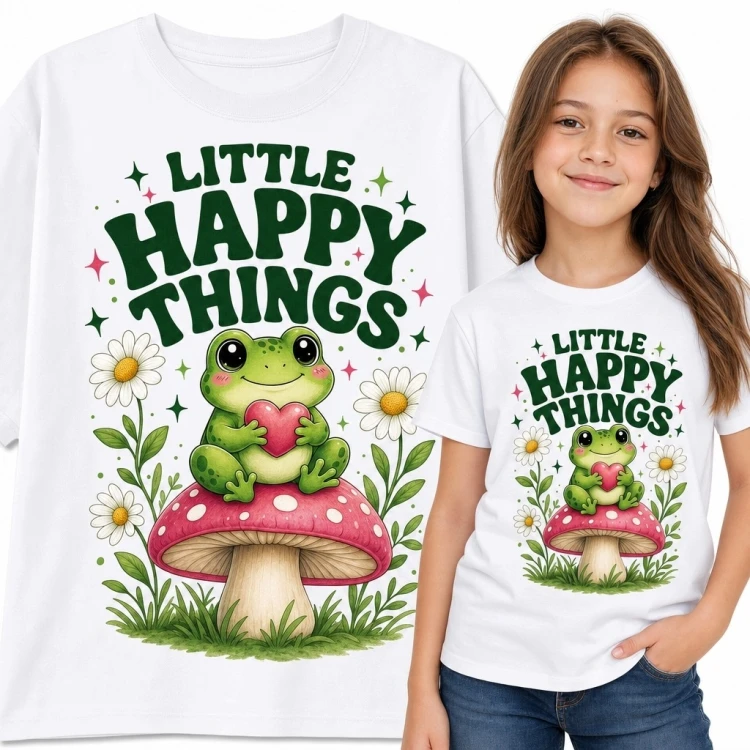 Koszulka dziewczęca z żabką „Little Happy Things” - leśny motyw z muchomorem