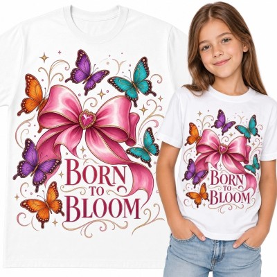 Koszulka dziewczęca z kokardą i motylami „Born to Bloom” - kolorowy nadruk