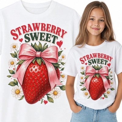 Koszulka dziewczęca z truskawką „Strawberry Sweet” - owocowo-kwiatowy motyw
